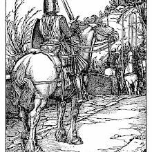 A knight on horseback holds a two-handed sword while facing a group of horsemen armed with spears