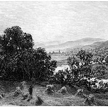 Landscape with a man standing in a field, a clump of trees, and a meandering river