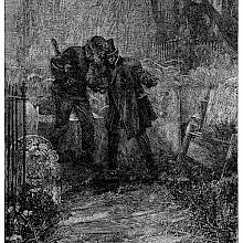Two men stand whispering to each other in a graveyard