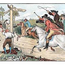 A group of men on horseback is rushing past a crossroad, chasing a man riding a bolting horse