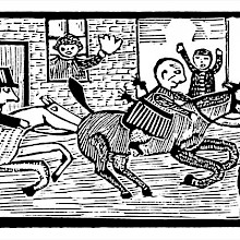 A man riding a galloping horse through the streets is pursued and shouted at by the onlookers