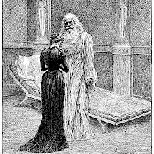A woman is seen from behind standing humbly before the tall, ghostly figure of an old man