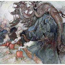 Yamata no Orochi, an eight-headed dragon, is sitting on rock above eight vats of sake