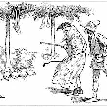 An old king shows a younger man around a garden with hanging bodies in the trees