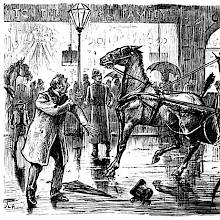 A man has almost got run over by a hansom cab and still look stunned, as does the cab driver