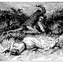 A woman lies passed out in the grass while in the back, two men are fighting on the ground