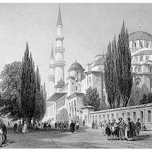 Süleymaniye Mosque seen from the outer court, an esplanade busy with people