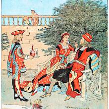 The Queen and King of Hearts hold hands on a garden bench as the Knave of Hearts brings them drinks
