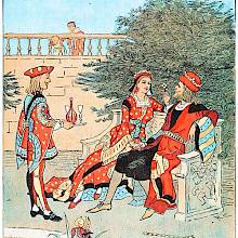 The Queen and King of Hearts hold hands on a garden bench as the Knave of Hearts brings them drinks