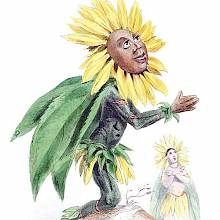 A sunflower is depicted as a kneeling male figure looking at the sky with his hands together