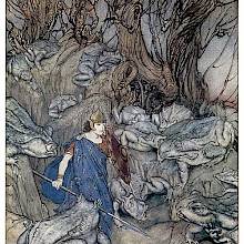 A man armed with a spear and a shield walks along a rocky path lined with enormous batrachians