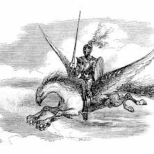 A knight in armor, armed with lance and shield, rides the hippogriff flying high in the sky