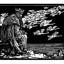 An old king sits moodily on a rock facing the sea as a flock of swans flies through the sky