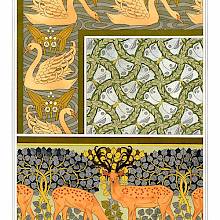 Decorative patterns showing swans on a pond, butterflies among foliage, and deer in a clearing