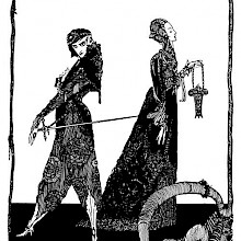 A man with a sword and a woman carrying a basket are seen facing opposite directions
