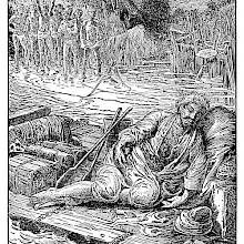 A man is on a raft going downstream, which a group of men endeavors to fasten to a post