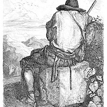 A man wearing breeches and a cone-shaped hat is seen from behind sitting on a square stone