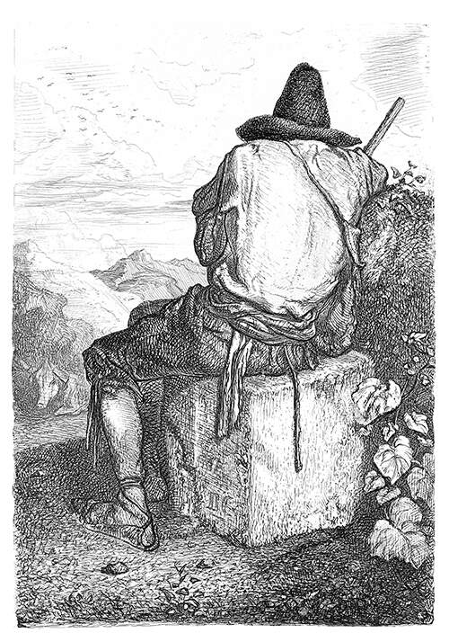 A man wearing breeches and a cone-shaped hat is seen from behind sitting on a square stone