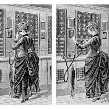 Split illustration showing a woman answering a call and plugging a cord into the switchboard