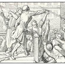 Fourth plate of Rethel's Dance of Death showing Death stirring up an uprising and offering a sword