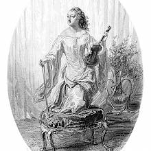 A woman stands with one knee resting on a stool, a violin in one hand and a bow in the other