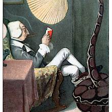 Baron Munchausen is reading in an armchair as a boa constrictor waves a fan with its tail