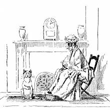 A woman knits by the fireplace while her cat, sitting on the carpet, shows signs of distress