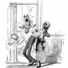 A cat crazed with pain bursts out of a door, knocking over the tray carried by a footman