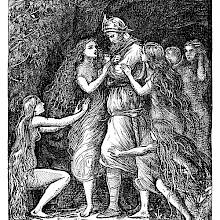 Tannhäuser stands at the entrance of a grotto, surrounded by women trying to make him stay