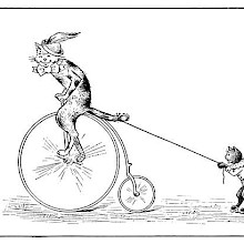 A cat wearing a feathered hat rides a penny-farthing, towing three kittens on roller-skates