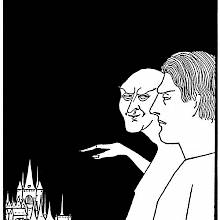 The Devil smiles at a man standing beside him as he points his finger toward a distant city