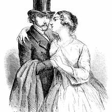 A woman draws close to a man wearing a top hat and puts her arm around his neck