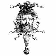 A three-faced figure wears a jester's hat and collar