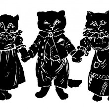 Three kittens hold hands, the center one dressed as a boy, the two others as girls
