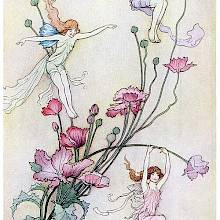 Three fairy-like creatures are fluttering about long-stemmed flowers