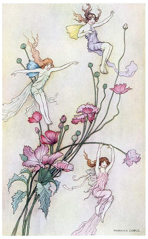 Three fairy-like creatures are fluttering about long-stemmed flowers