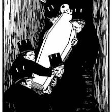 Undertakers are seen carrying a coffin down a narrow flight of stairs