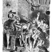 Several men seem panic-stricken by flames rising from the floor of an inn while one keeps his calm