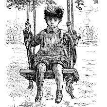 A boy with sad eyes and a feathered hat is sitting on a swing