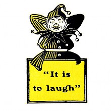 A laughing jester has his hands crossed behind his head and his lower body hidden by a sign