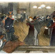 View of a mixed crowd in a busy dance hall, showing couples dancing while others stand watching