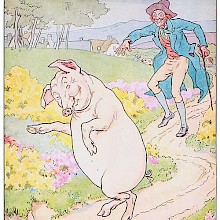 A smiling pig walks on its hind legs on a country road, followed by a man