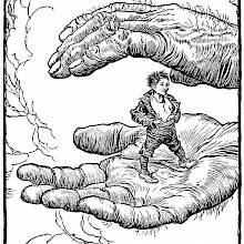 Tom Thumb stands poised on the palm of a coarse and hairy hand