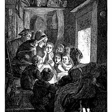 An older woman sits opposite a fireplace, telling captivating stories to children