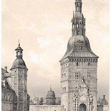 View of the gate-tower at Frederiksborg Castle with villagers in the foreground