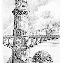 Plate showing a tower on a bridge with an elaborate top featuring a circle of clock dials