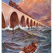 Perspective view of an arched railway bridge over the sea with a steam train coming forward