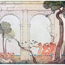 Youths are dancing in a ring among the ruins of an ancient building as birds flutter about them
