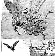 Winged male and female figures are flying over a castle and out to the open sea