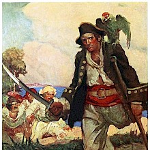 A one-legged man has a parrot on his shoulder and a cutlass in his hand